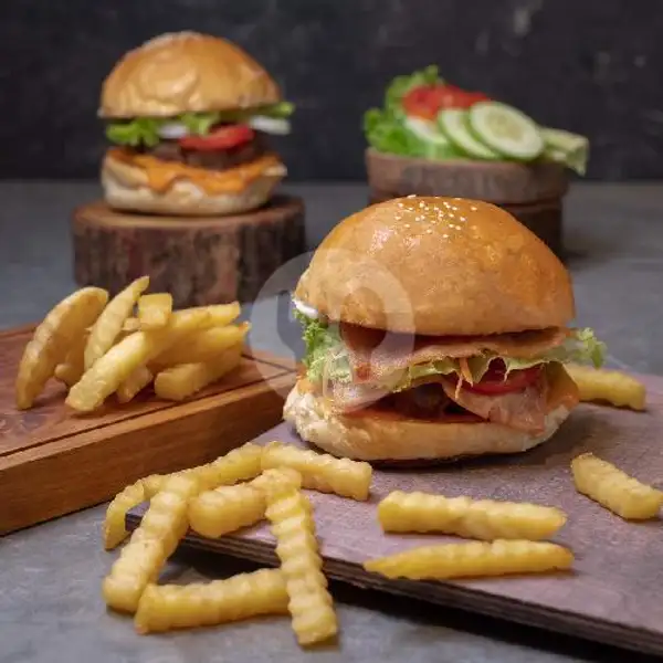 Beef Holy Smoked Burger + + + Fries | Almino Coffee & Kitchen, The Central Sukajadi