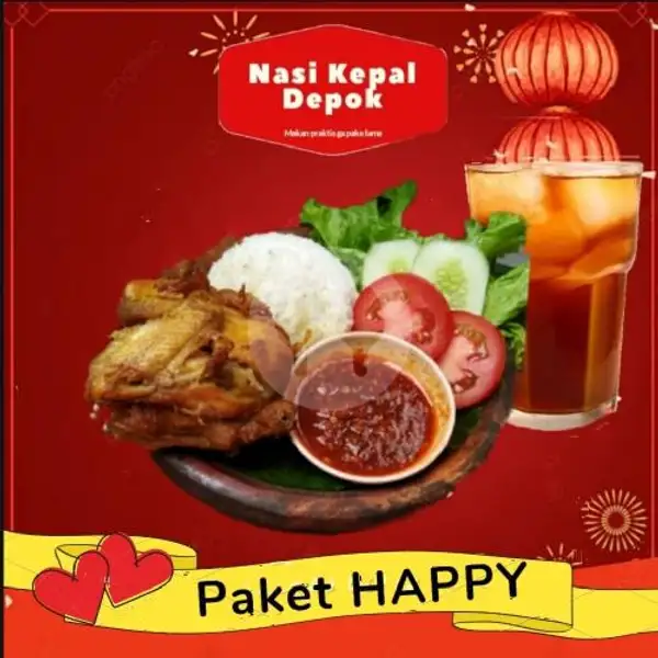 Paket HAPPY Ayam Goreng JUMBO (Paha/Dada) + Nasi + Lalapan + Es Teh Manis | Nasi Kepal, Depok