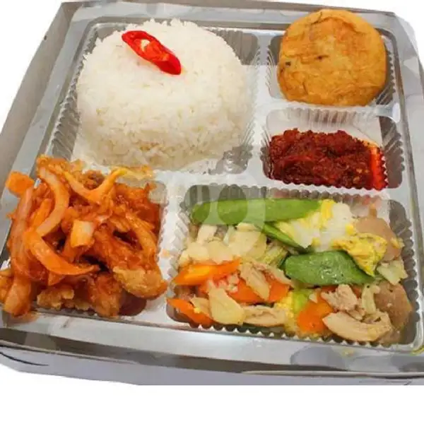 paket nasi box ( nasi ,ayam ,capcay ,sambel , perkedel ) | Cafe Orange BNR