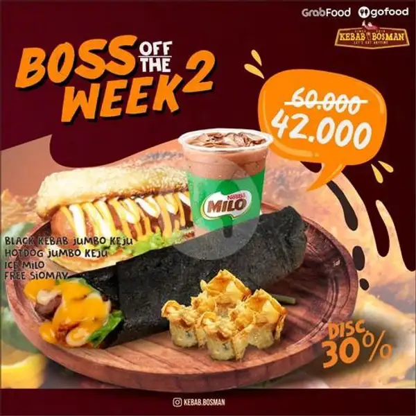 BOSS 2 (Black Kebab Jumbo Keju + Hotdog Jumbo Keju + Ice Milo ) | Kebab Bosman, Laksda Adi Sucipto