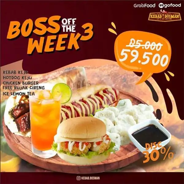 BOSS 3 (Kebab Keju + Hotdog Keju + Chicken Burger + Ice Lemon Tea ) | Kebab Bosman, Tidar