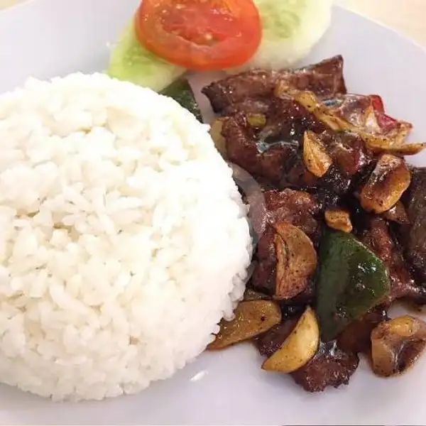 Nasi Ayam Lada Hitam + Ice Tea | Ajudan Kopi, Mangga