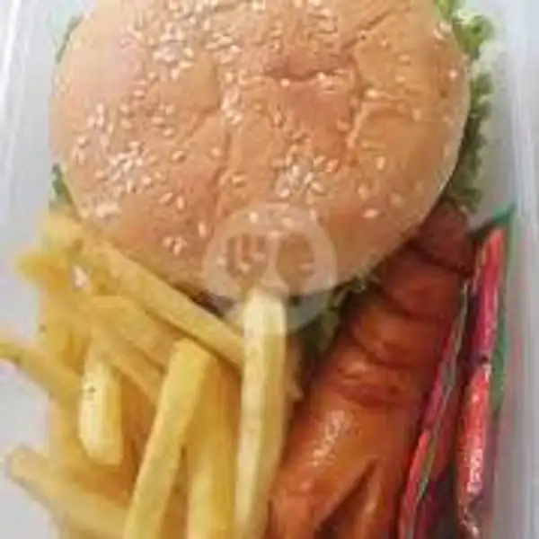 burger ayam keju+sosis bakar kecil (10cm)+kentang goreng | Burger Kebab Nasi Dapoer Adz-ka, Bumi Parahyangan Kencana