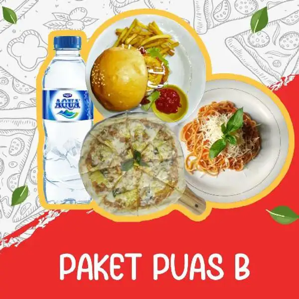 PAKET PUAS B (Pasta Al Pomodoro, Wanns Burger Delux, Personal Romana Pizza, Air Mineral 330ml) | Pizza Wan