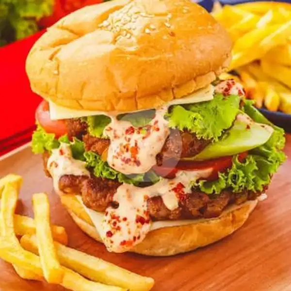Burger Spesial Double Ayam Dan Telur Mata Sapi Plus Keju | Home Burger 