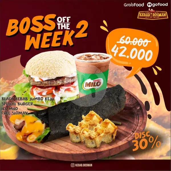 Boss 2 (Kebab Jumbo Keju + Spesial Burger + Ice Milo + Free Siomay) | Kebab Bosman, Jakal