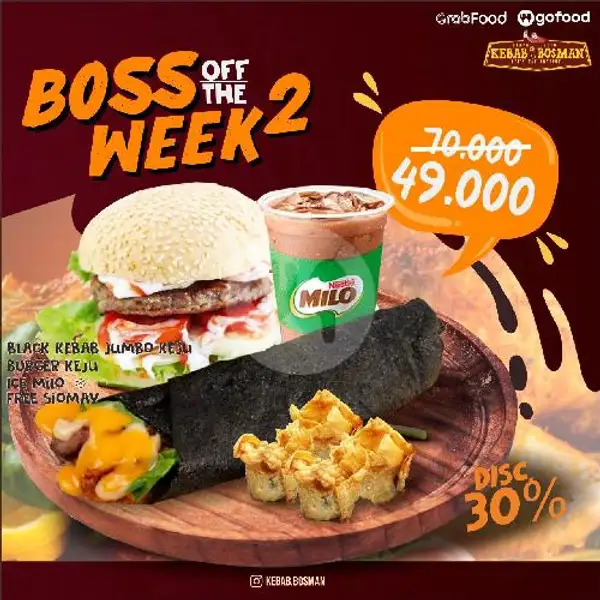 Boss 2 (Black Kebab Jumbo Keju + Spesial Burger + Ice Milo + Free Siomay) | Kebab Bosman, Arcamanik