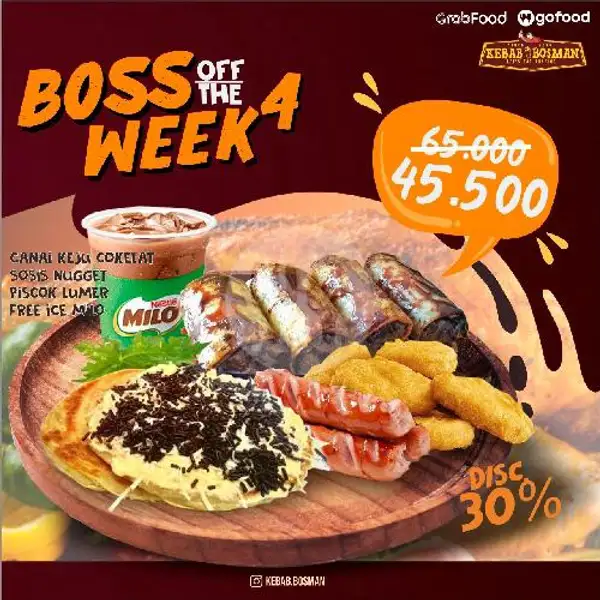 Boss 4 (Canai Keju Cokelat + Sosis Nugget + Pisang Cokelat Lumer + Free Ice Milo) | Kebab Bosman, Arcamanik