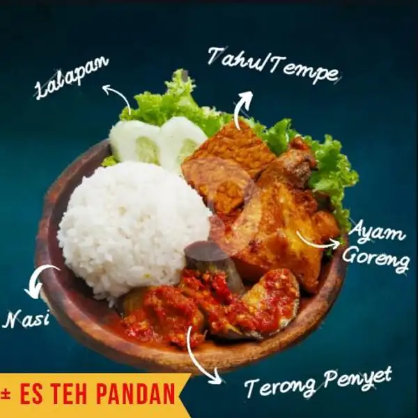 Ayam Goreng (pot. 8)+ Terong Sb. Garang + Tahu/Tempe + Nasi + Es Teh Manis | Nasi Kepal, Depok