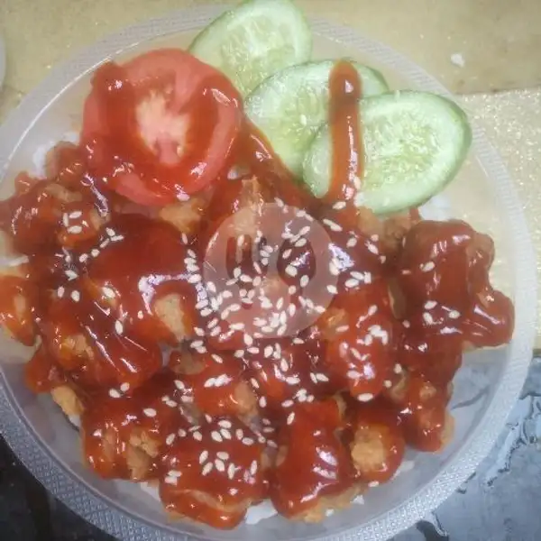 rice bowl ayam popcorn saus lava + telur | Rice Bowl Ayam Teriyaki Bibi Lung, Takoyaki, Indomie, Samoja Dalam