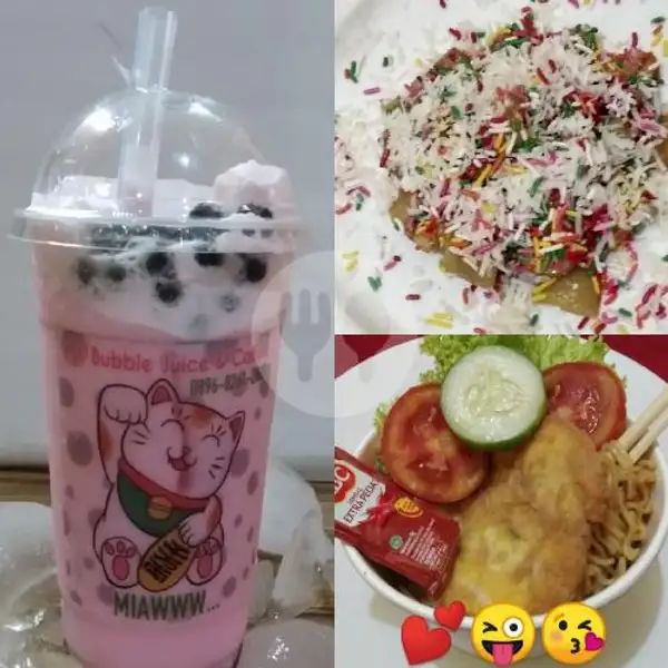 mie goreng ayam geprek free strawberry boba, pisang keju rainbow | Asli Bubble Juice & Coffee, Kiaracondong