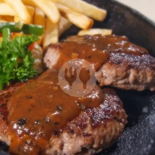Beef Patty /Hamburger Steak With Mushroom Sauce And French Fries | Oregano Bistro, Mengwi