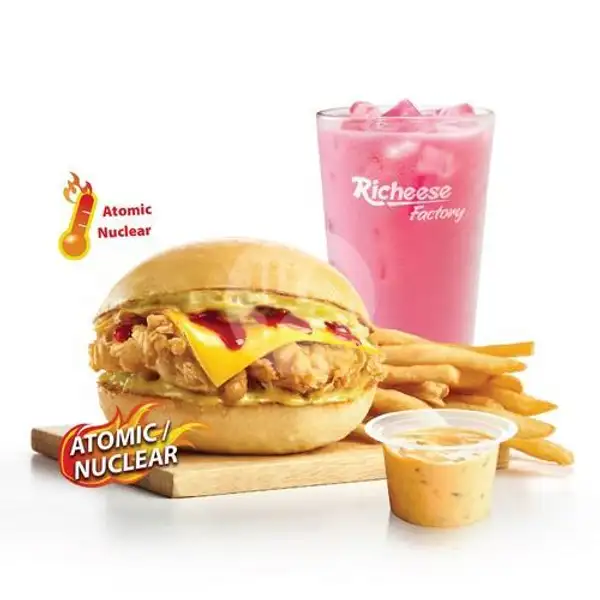Combo Fries Fire Burger Chicken (Atomic/Nuclear) | Richeese Factory, Buah Batu