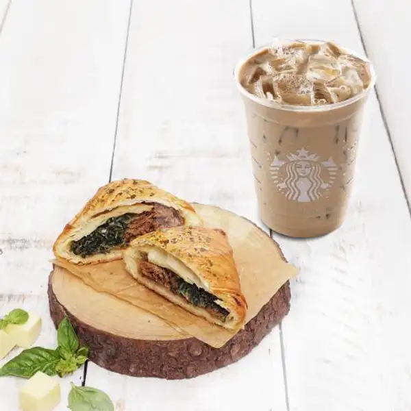Plant-Based Wellington Pocket + Iced Almond Latte, Tall Size | Starbucks, Airport Hub - Cengkareng