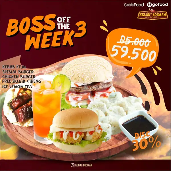 Boss 3 (Kebab Keju + Spesial Burger + Chicken Burger + Ice Lemon Tea + Free Rujak Cireng) | Kebab Bosman, Jakal
