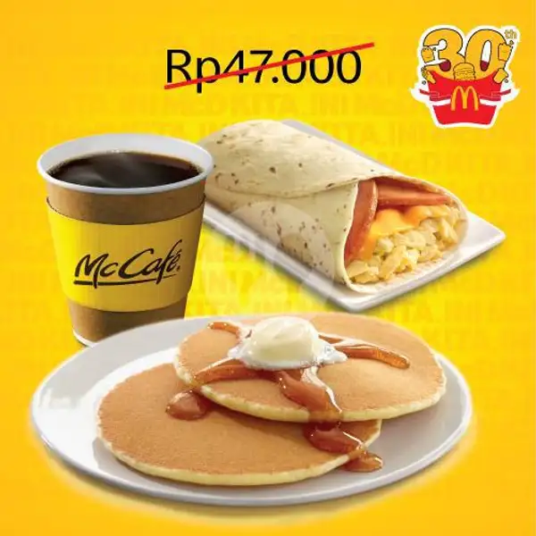 Hot Coffee + Hot Cakes 2pcs + Breakfast Wrap | McDonald’s, Sultan Agung