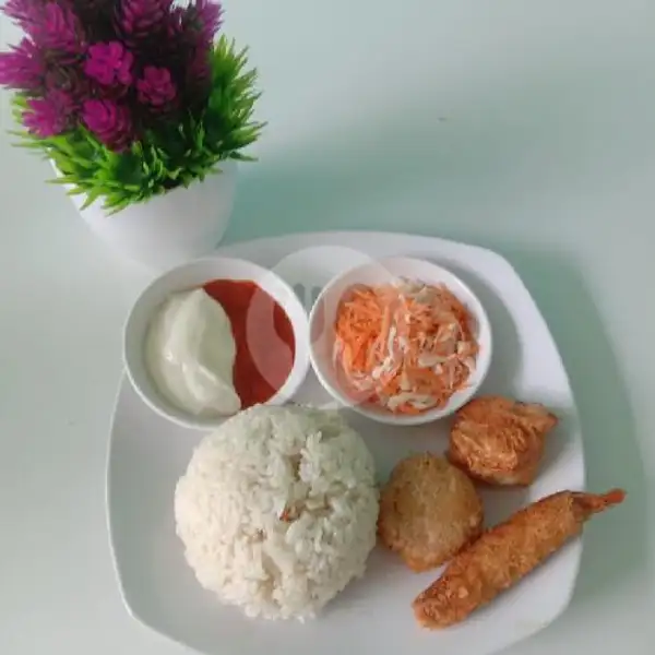 Paket Bento 6 (Nasi + Salad + Ebifurai + Ekado + Spicy Chicken) | Baso Aci,Pempek & Dimsum