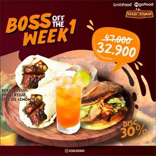 Boss 1 (Kebab Spesial + Canai Kebab + Free Ice Lemon Tea) | Kebab Bosman, Laksda Adi Sucipto