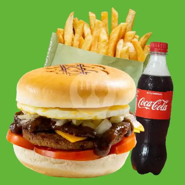 Black Montana Burger With Egg + Traffic French Fries + Cola | Traffic Bun, Cut Meutia Bekasi