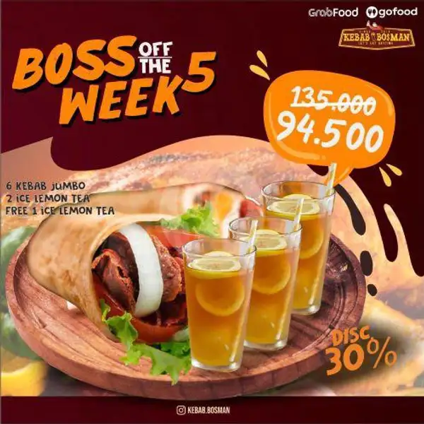 Boss 5 (6 Kebab Jumbo + 2 Ice Lemon Tea + Free Ice Lemon Tea) | Kebab Bosman, Petir