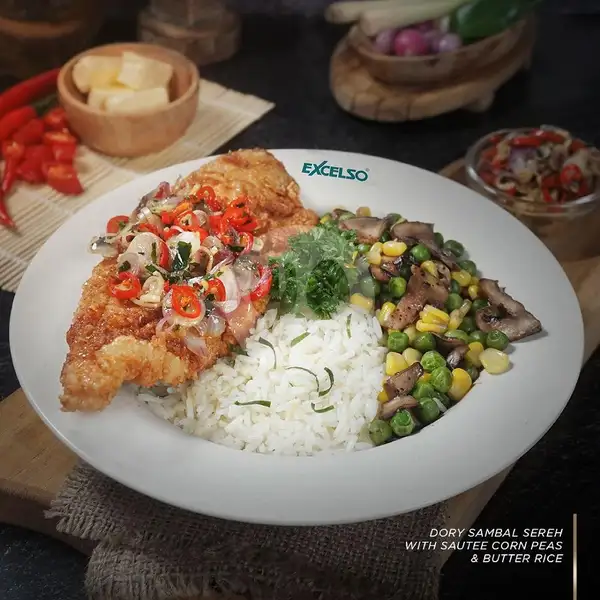 Dory Sambel Sereh With Sautee Corn Peas & Butter Rice | Excelso Coffee, Mall SKA