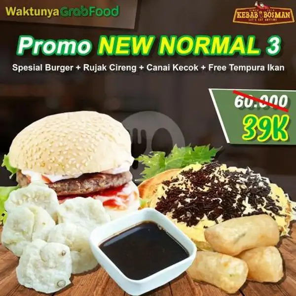 New Normal 3 (Spesial Burger, Rujak Cireng, Canai Kecok, Free Tempura Ikan) | Kebab Bosman, Sawojajar