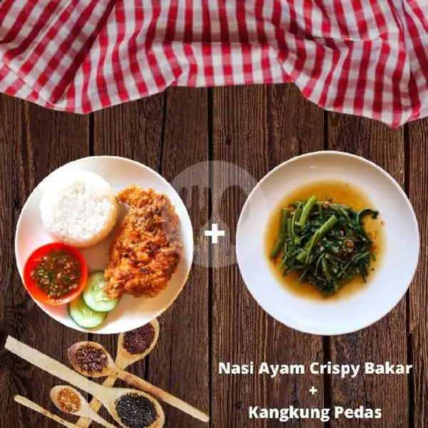Nasi Ayam Crispy Bakar + Cah Kangkung Pedas | Kulit Emak (Spesial Nasi Kulit Ayam), Sinduadi