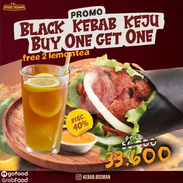 Black Kebab Keju Buy One Get One + 2 Iced Lemon Tea | Kebab Bosman, Warung Kopi Hitam Putih