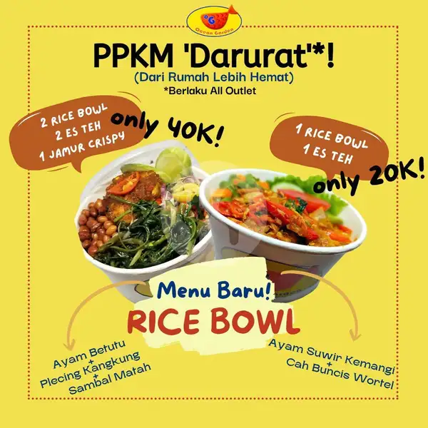2 Paket Rice Bowl (Betutu/Ayam Suwir) + 2 Es Teh + 1 Jamur Crispy | Ocean Garden, Trunojoyo