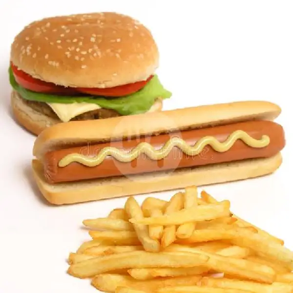 Burger Daging Sapi+hotdog Original+kentang Goreng | Roti Bakar,pisang Bakar,burger Dan Hotdog