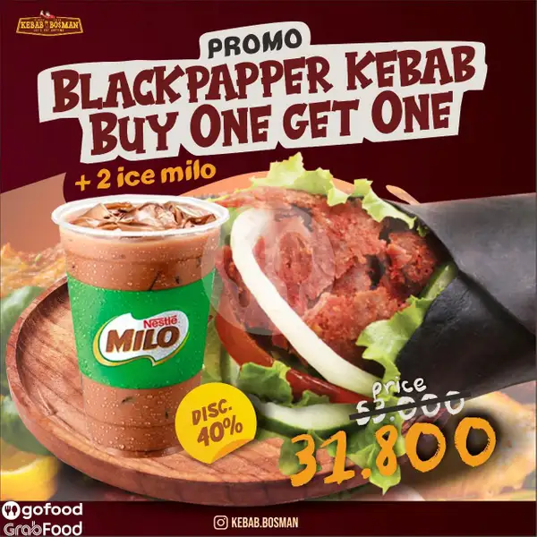 Blackpapper Kebab Buy One Get One + 2 Ice Milo | Kebab Bosman, Gunung Anyar