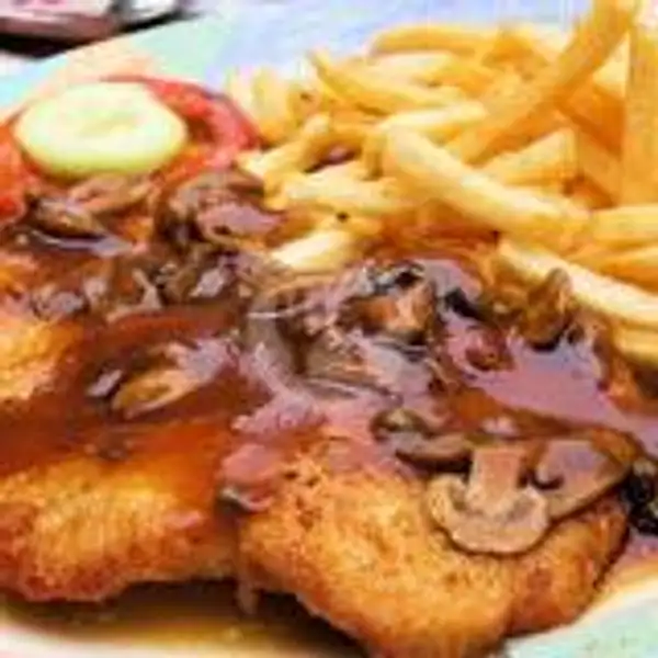 Chicken Schnitzel With Mushrrom Souce And French Fries | Oregano Kitchen, Canggu