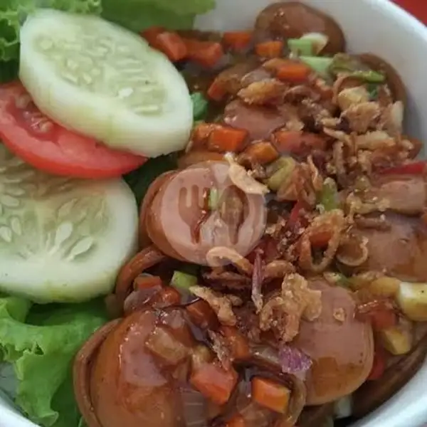 Rice Bowl Gila Sosis + Baso + Telur Fullset | Rice Bowl Ayam Teriyaki Bibi Lung, Takoyaki, Indomie, Samoja Dalam