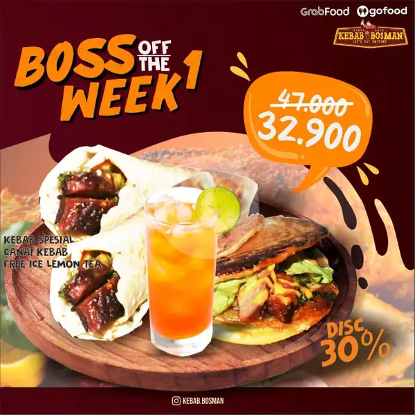 Boss 1 (Kebab Spesial + Canai Kebab + Free Ice Lemon Tea) | Kebab Bosman, Gembong