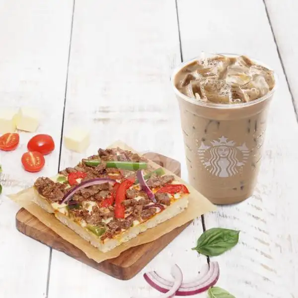 Plant-Based Meat Focaccia Bread + Iced Almond Latte, Tall Size | Starbucks, Trans Studio Mall Bandung
