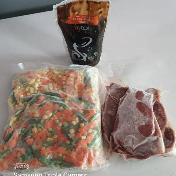 Paket Steak Ekonomis (Mix Vegetable Avico 1 Kg + Sirloin Steak 500 Gram + Saus Black Pepper 500 Gram). Stok 2 Paket | Rizqi Frozen Food