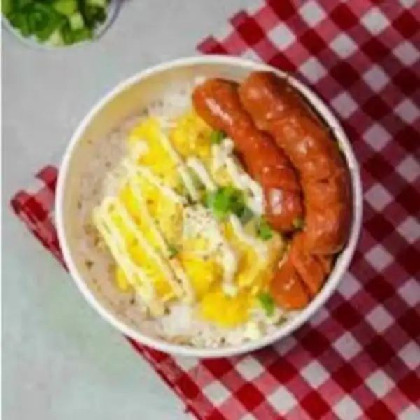 Paket Rice Box 7 (Nasi + Telur Orek Saus Mayo + Sosis 2 Pcs) | Resto Murahan, Cipamokolan