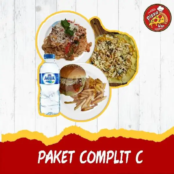 PAKET COMPLIT C (Cajun Pasta, Chicken Burger, Personal Chicken Pizza, Aqua 330 ml) | Wann's kitchen