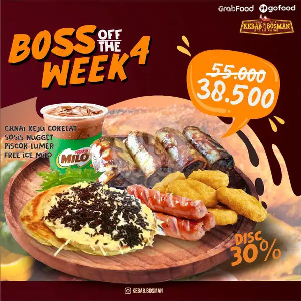 Boss 4 (Canai Keju Cokelat + Sosis Nugget + Pisang Cokelat Lumer + Free Ice Milo) | Kebab Bosman, Gembong