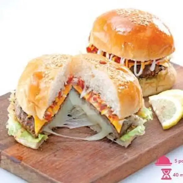 Burger +Telur + Sosis + Lelehan Mozarella+ Sayuran | Hotdog Mozarela Kita, Tampan
