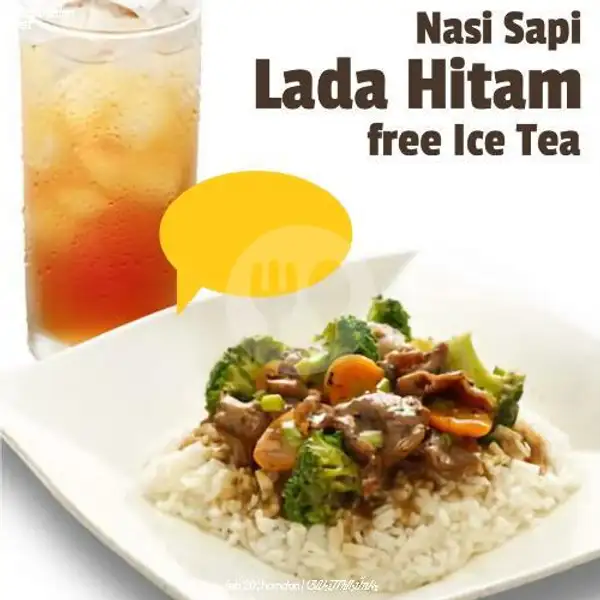 Nasi Sapi Lada Hitam + Ice Tea | Ajudan Kopi, Mangga