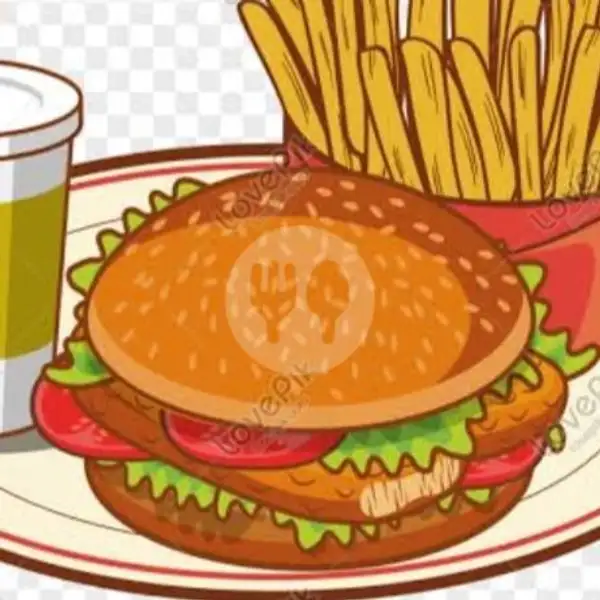 Burger ORI+Kentang Goreng+Es Teh Hijau/Es Teh Hitam | TEA AQUILA, FAJAR INDAH