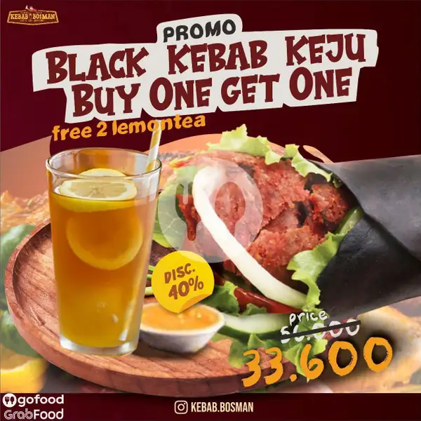 Black Kebab Keju Buy One Get One + 2 Ice Lemon Tea | Kebab Bosman, Tidar