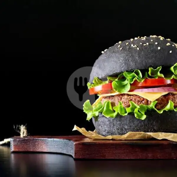Black Burger +Telur+  Daging Sapi + Sayuran | Hotdog Mozarela Kita, Tampan