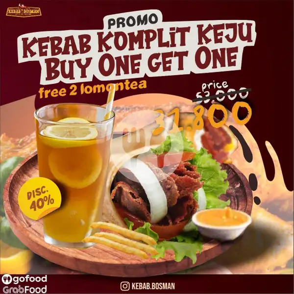 Kebab Komplit Keju Buy One Get One + 2 Lemon Tea | Kebab Bosman, Tidar