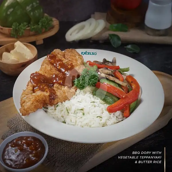 BBQ Dory With Vegetable Teppanyaki & Butter Rice | Excelso Coffee, Mal Olympic Garden