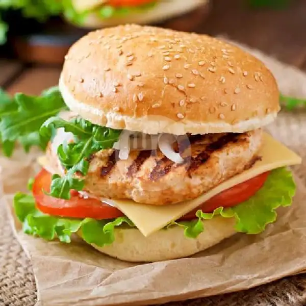 Chicken Burger + Cheese | seblak eonni , ricebowl , lumpia basah dan pisang keju, Sukajadi