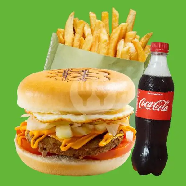 Chicago Cheese Burger With Egg + Traffic French Fries + Cola | Traffic Bun, Cut Meutia Bekasi