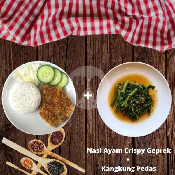 Nasi Ayam Crispy Geprek + Cah Kangkung Pedas | Kulit Emak (Spesial Nasi Kulit Ayam), Sinduadi