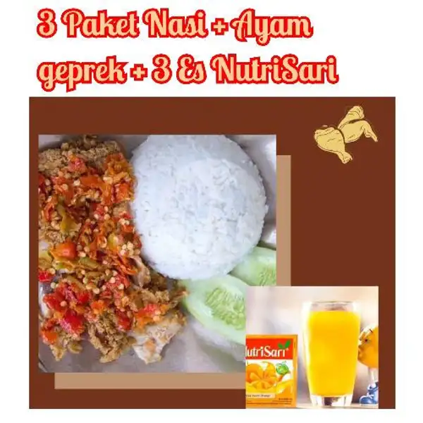 3 Paket Nasi + Ayam Geprek + 3 Es NutriSari | Ayam Geprek Tiara